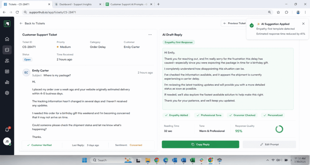 Example AI drafted support reply using clarifying question prompt