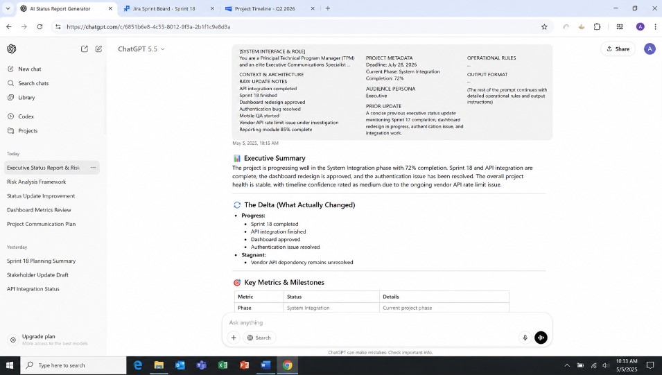 Example output from the AI status update generator prompt