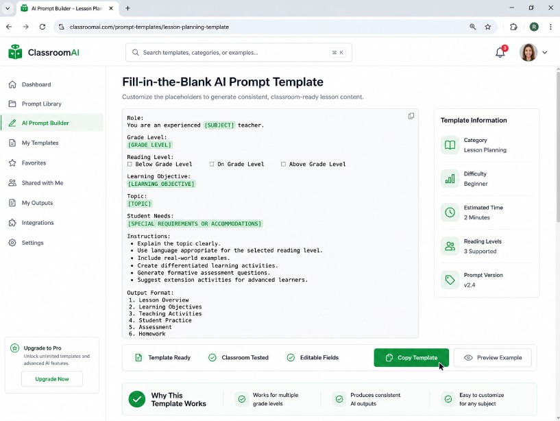 reusable grade level ai prompt template for teachers