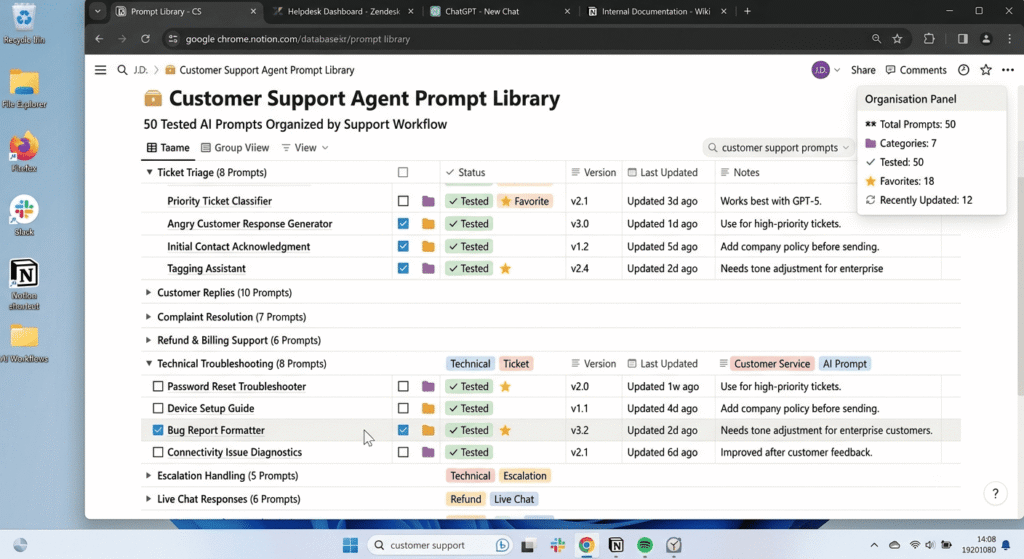Spreadsheet organizing 50 AI prompts for customer support
