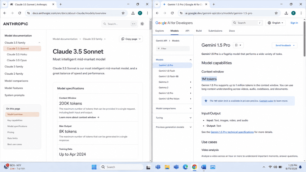 AI context window token limit comparison ChatGPT Claude Gemini