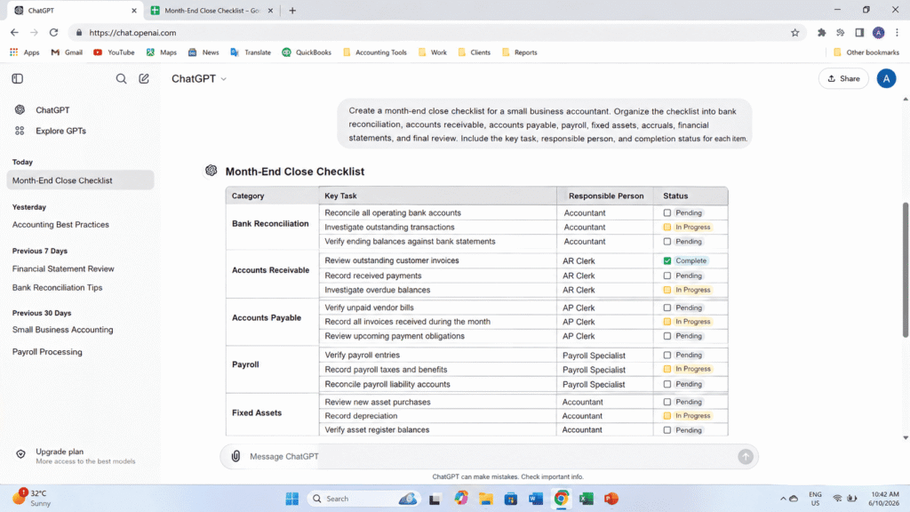 AI prompt for month end close checklist in ChatGPT