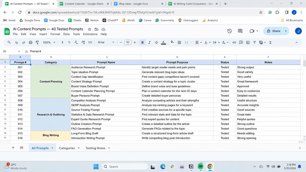 Spreadsheet listing 40 AI prompts organized into six content categories