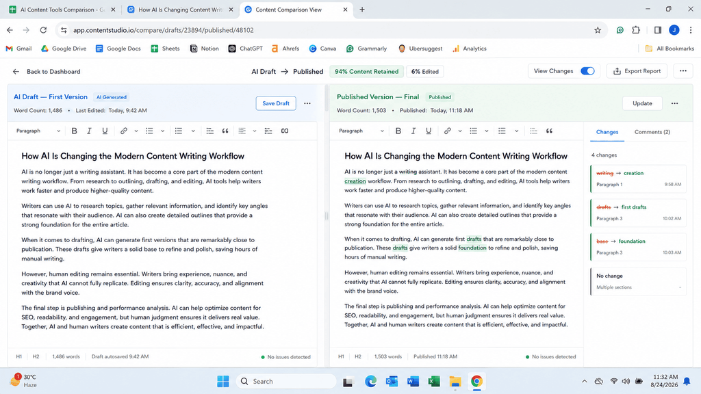 Side by side comparison of an AI draft and its published version