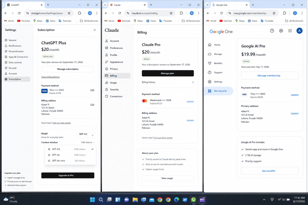 ChatGPT Plus Claude Pro Gemini AI Pro starting subscription prices