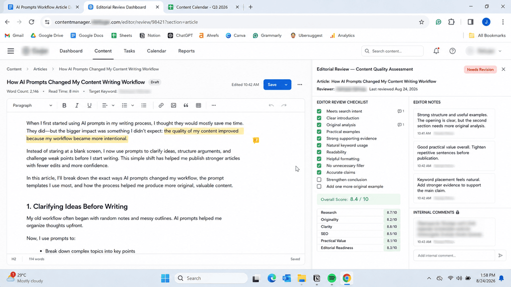 Editor's pass and fail checklist used to review AI generated blog drafts