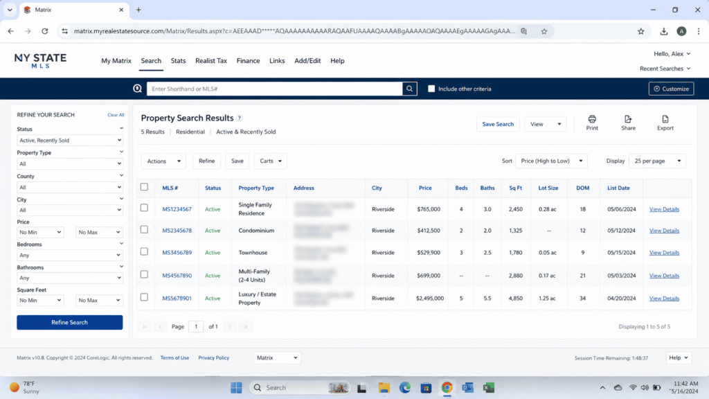 Five real estate listings used to test AI prompts