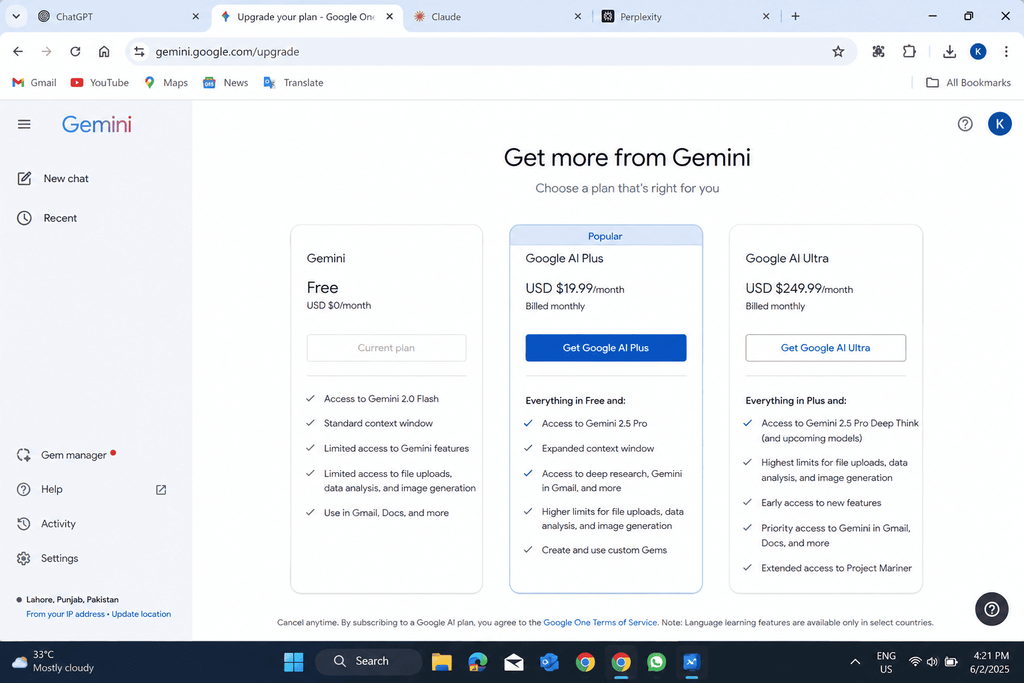 Google AI Plus Gemini subscription price change screenshot
