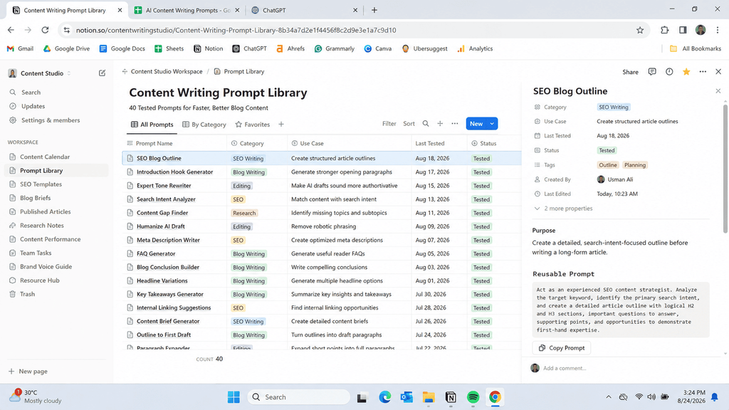 Saved AI writing prompts library used for ongoing blog content production