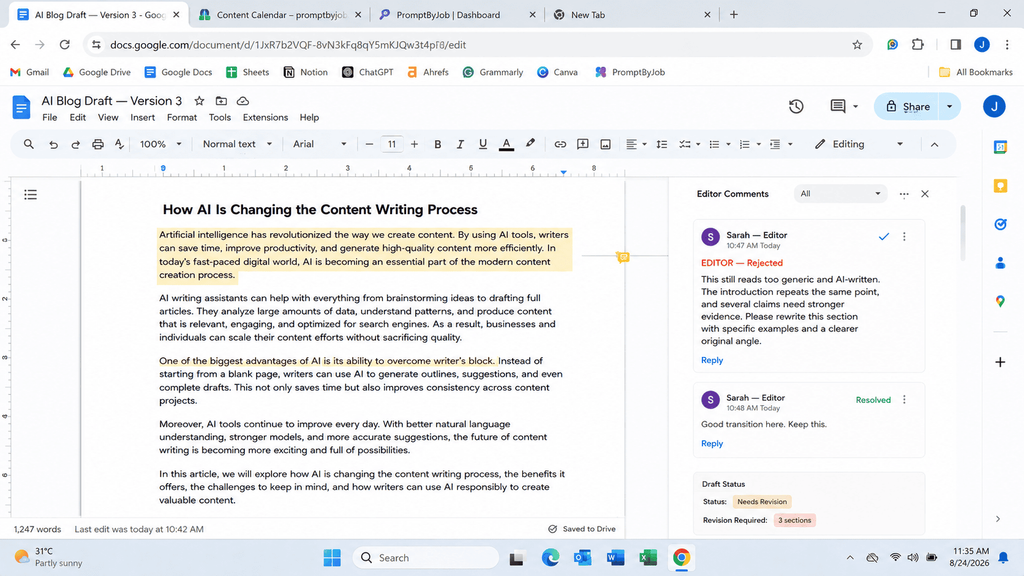 Rejected AI generated blog draft with editor comments explaining the fail