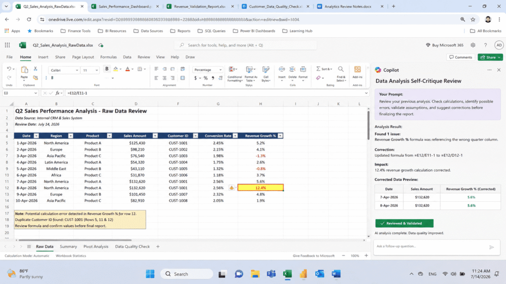 Self critique prompt catching AI hallucination in spreadsheet data