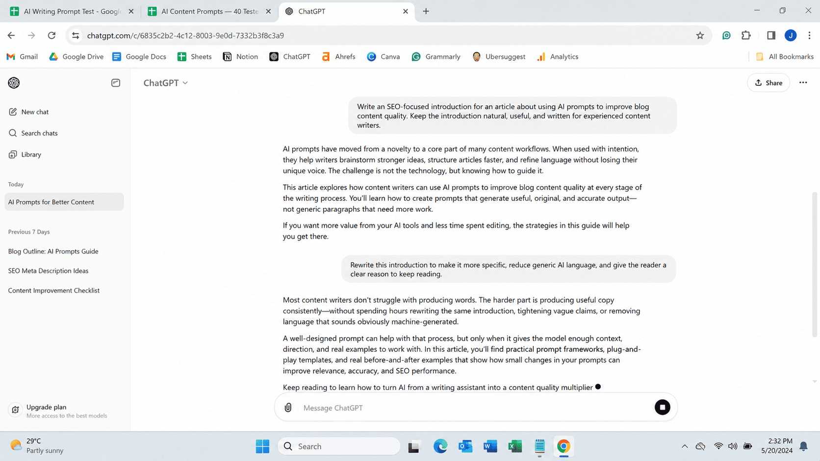Screenshot of a content prompt being tested inside an AI chat tool