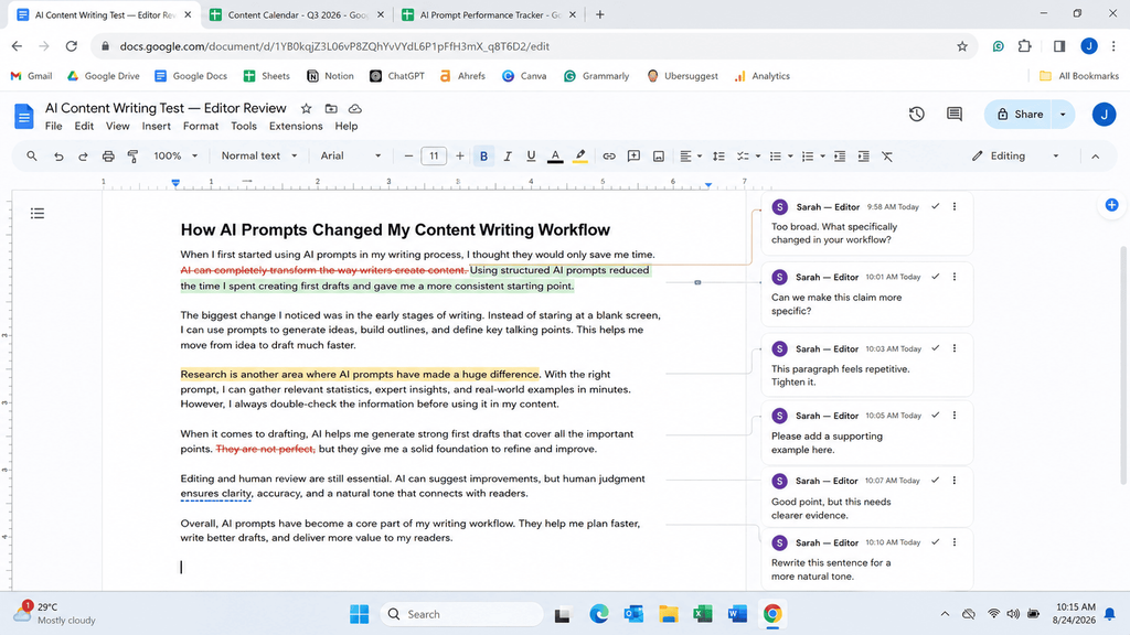 Google Doc showing tracked changes made to an AI written blog draft