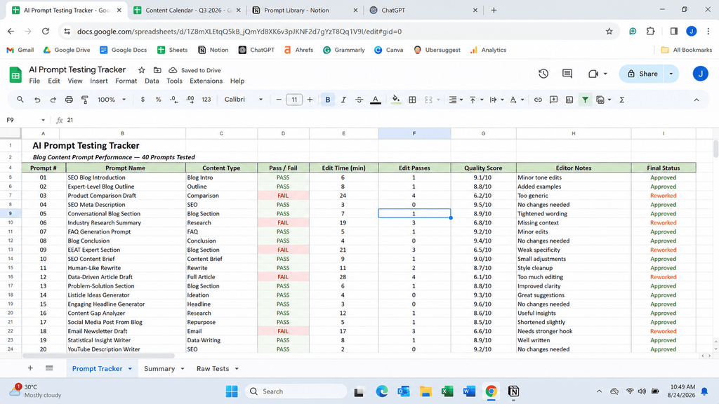 Spreadsheet tracking pass, edit, and fail results for each tested prompt