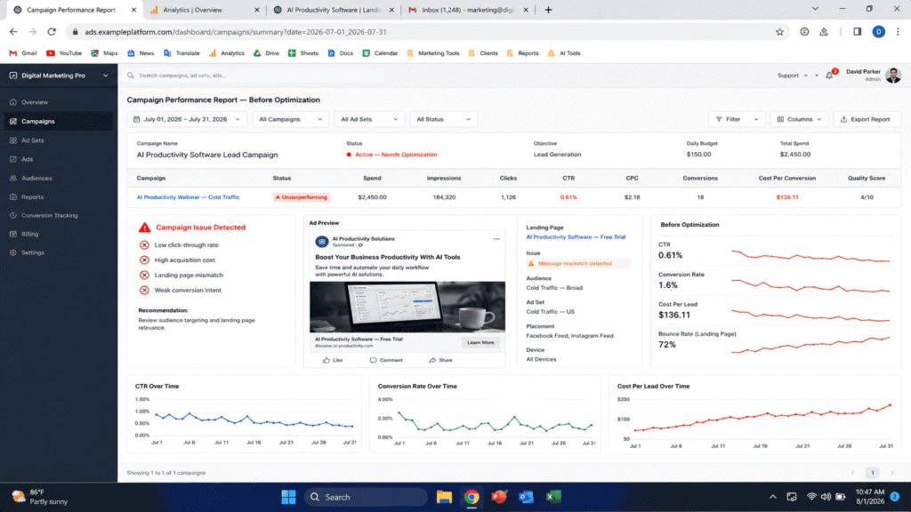 Underperforming AI ad copy example using urgency framing